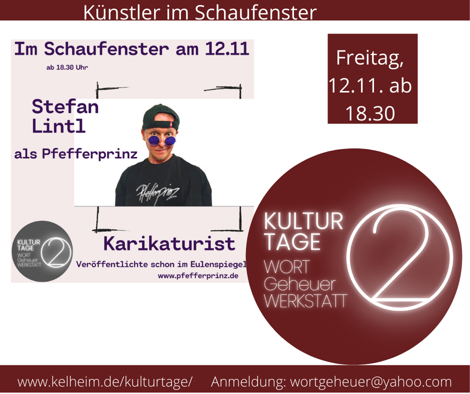 Stefan Lintl ist Karikaturist und arbeitet als Pfefferprinz am 12.11.  im Schaufenster der Wortgeheuer
werkstatt