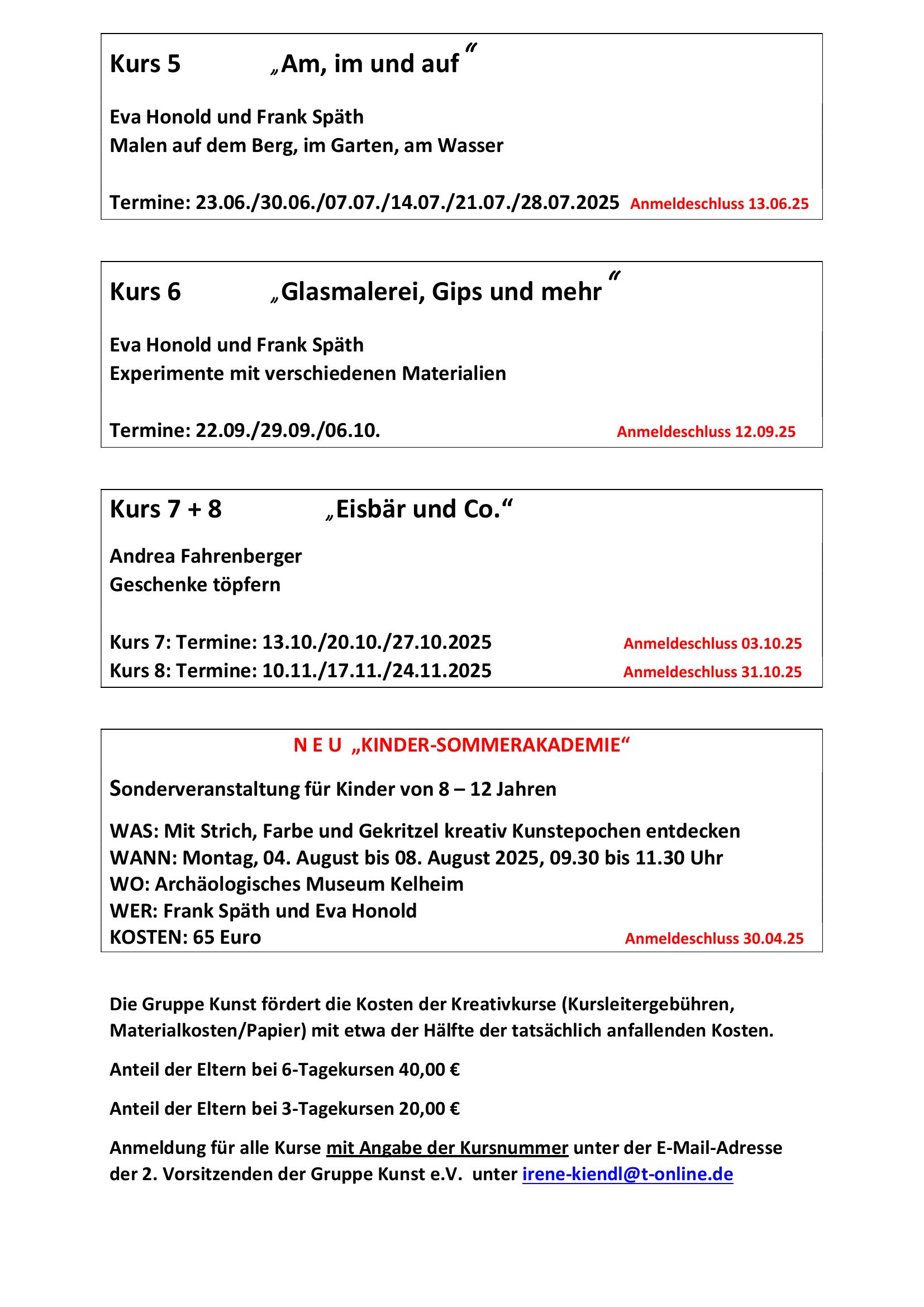 PINSOLINIS NACHWUCHSGRUPPE KUNST KELHEIM Programm 2025 zweiter Teil