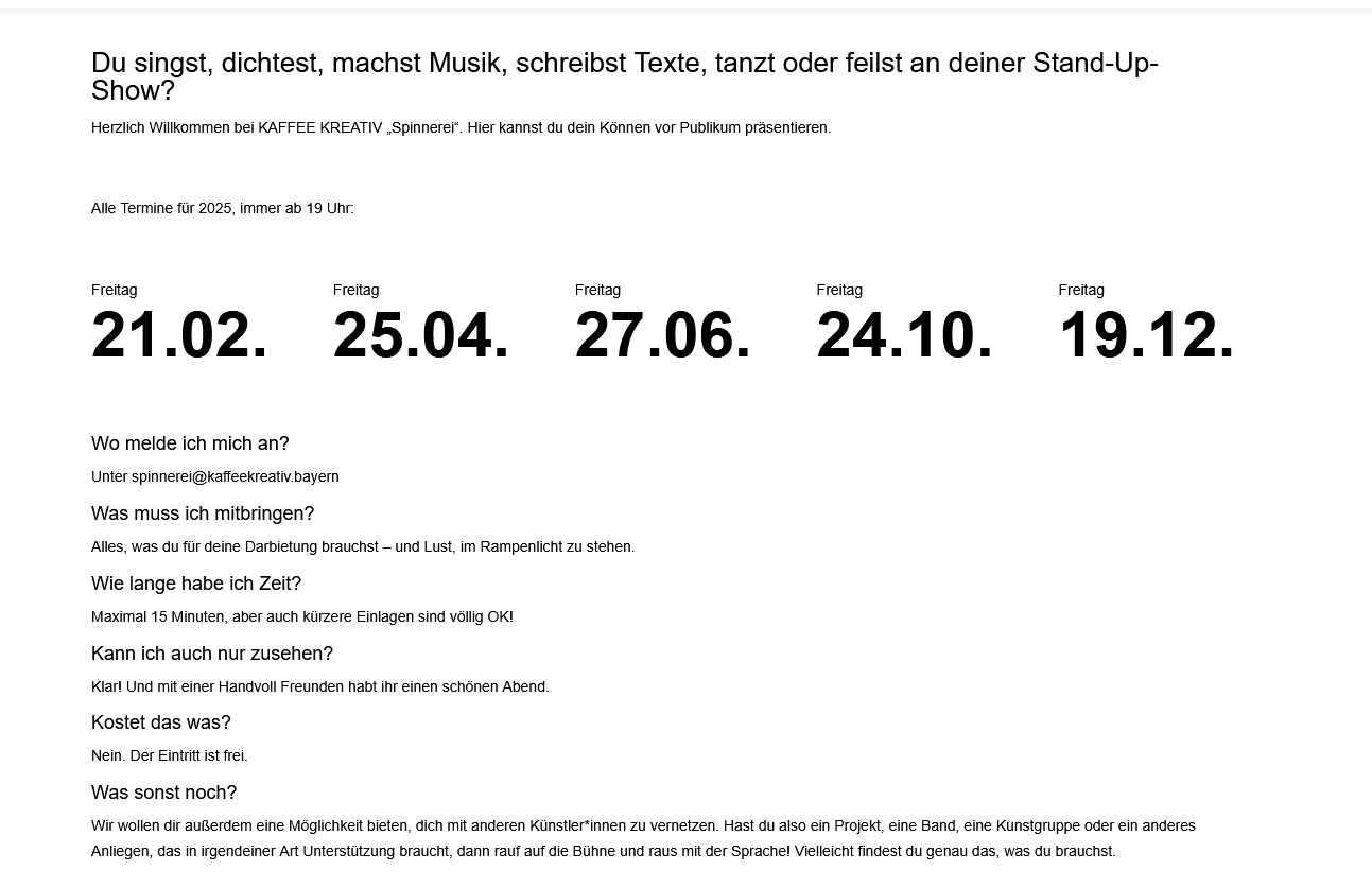 offene Bühne SPINNEREI Termine 2025 Kelheim