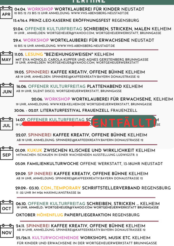 Terminkalender Wortgeheuerwerkstatt Kelheim Veranstaltungen 2023